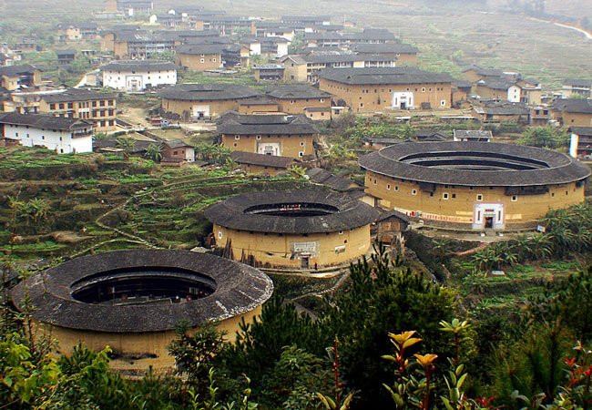 A scenic view of chuxi tulou cluster