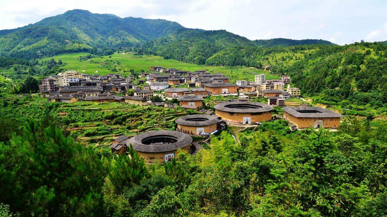 A scenic view of chuxi tulou cluster