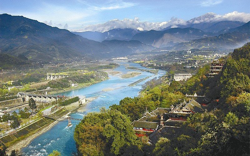 A scenic view of dujiangyan irrigation system