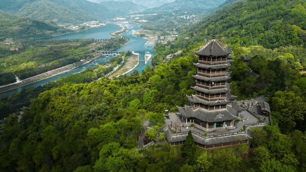 A scenic view of dujiangyan irrigation system