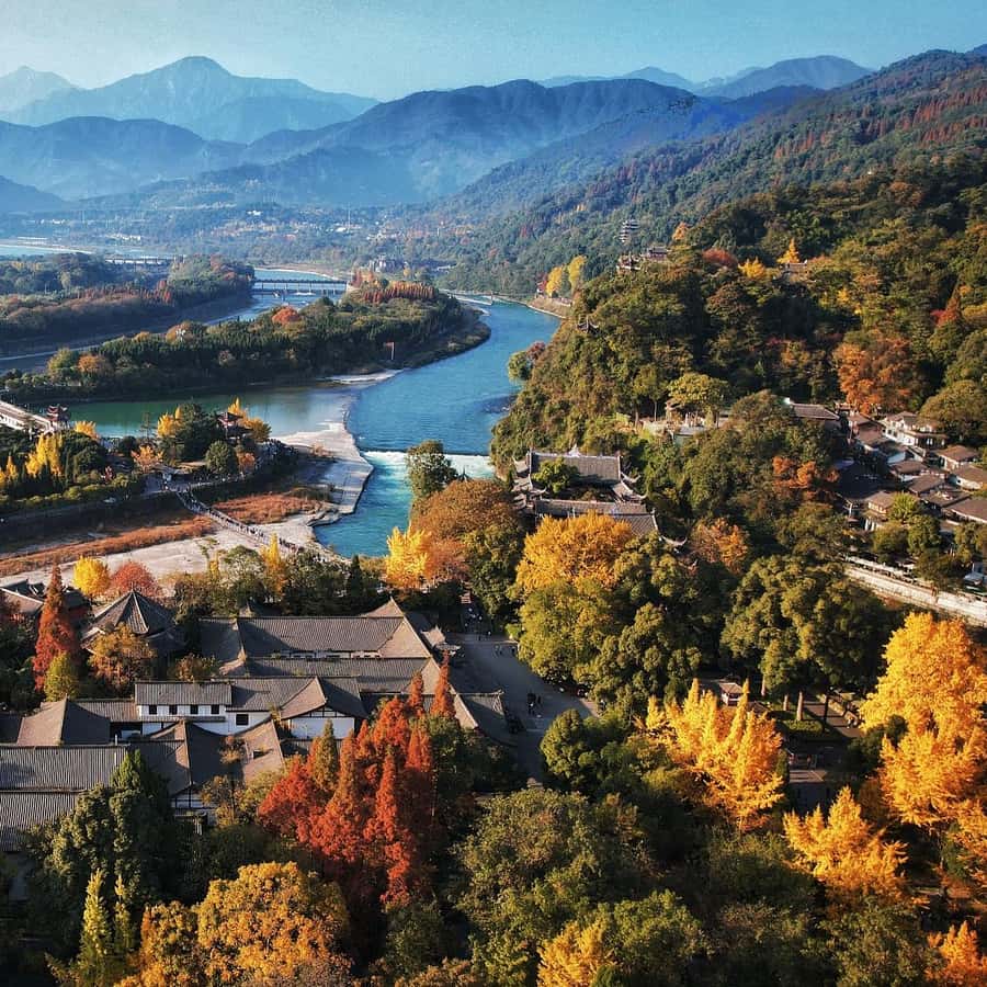A scenic view of dujiangyan irrigation system