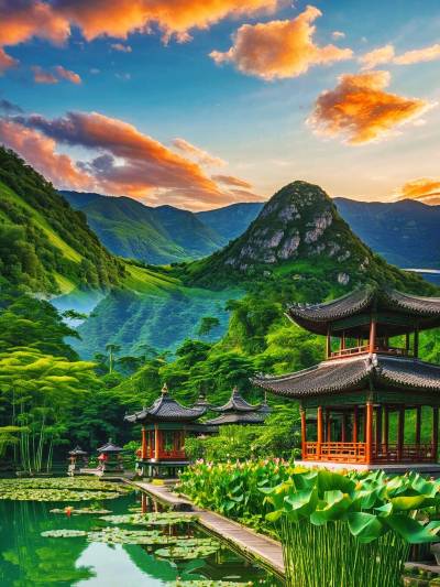 A scenic view of jiuzhou ancient town