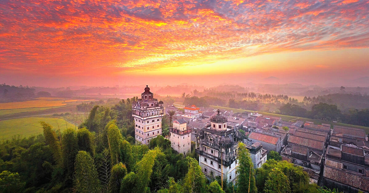 A scenic view of kaiping diaolou and villages