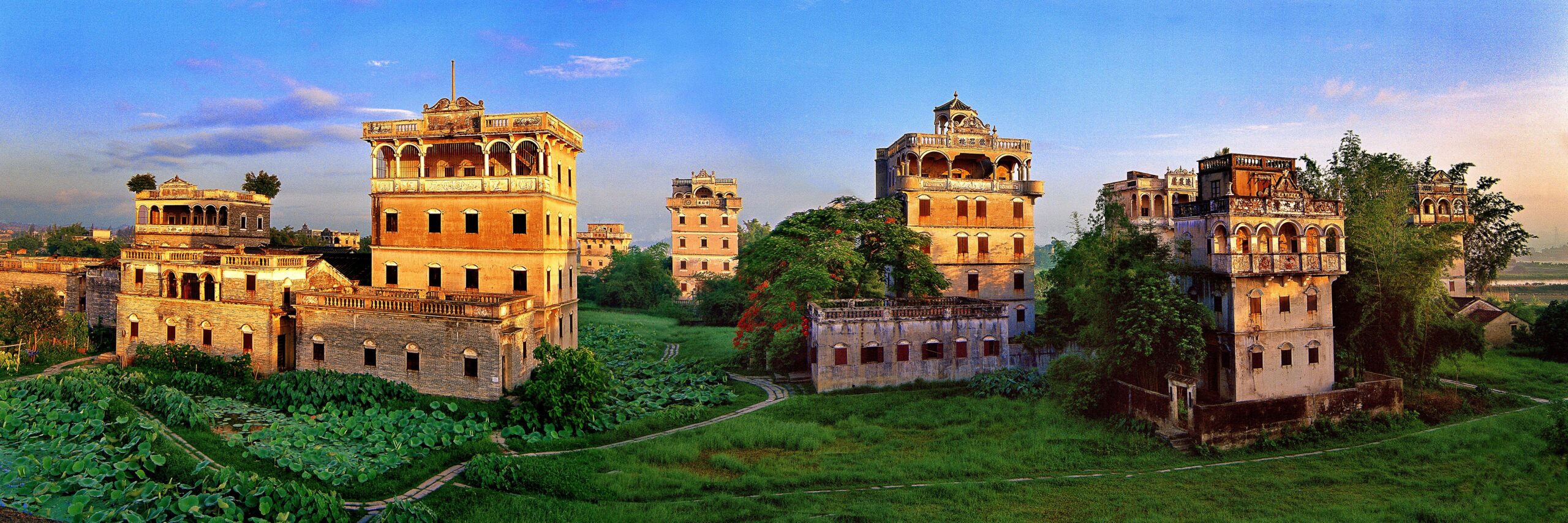 A scenic view of kaiping diaolou and villages