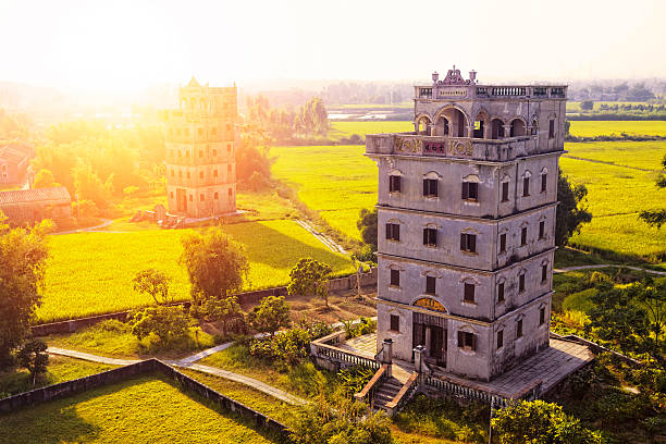 A scenic view of kaiping diaolou and villages