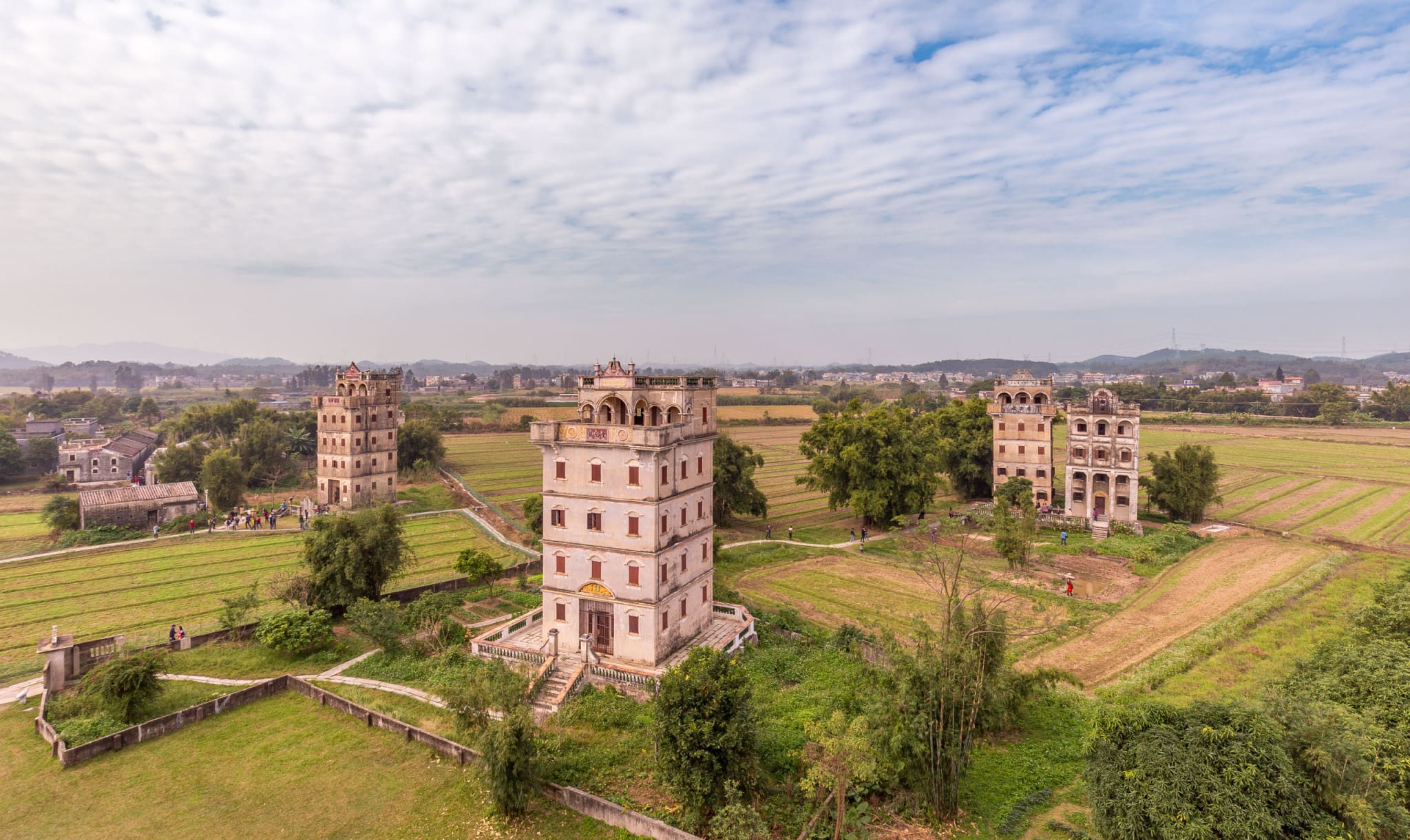 A scenic view of kaiping diaolou and villages