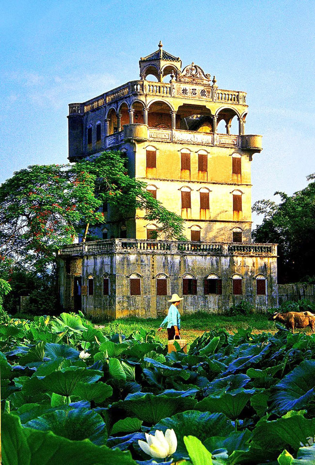 A scenic view of kaiping diaolou and villages