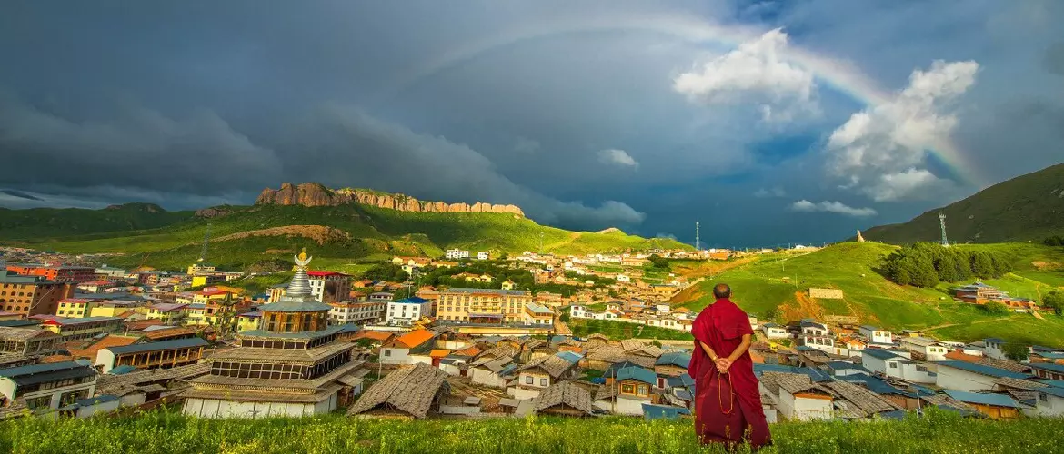 A scenic view of labrang monastery complex