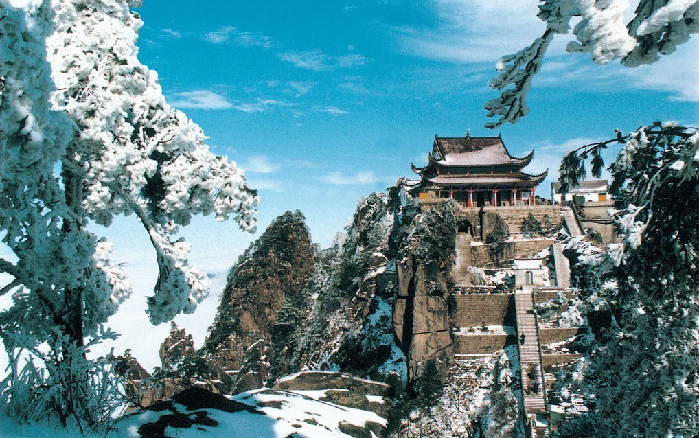 A scenic view of mount jiuhua buddhist temples