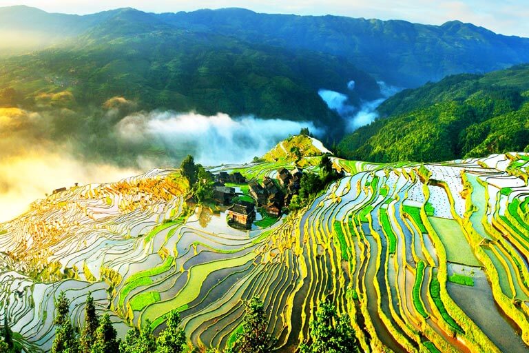 A scenic view of rongjiang ancient city