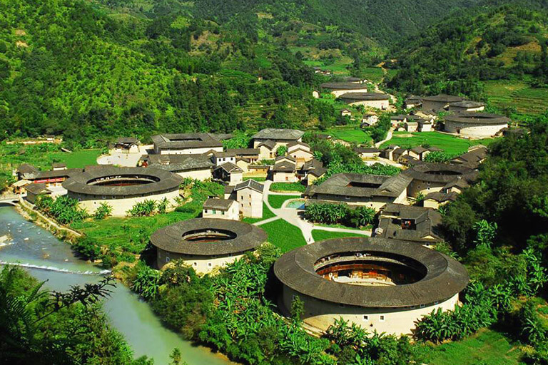 A scenic view of tianluokeng tulou cluster