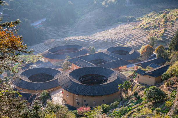 A scenic view of tianluokeng tulou cluster