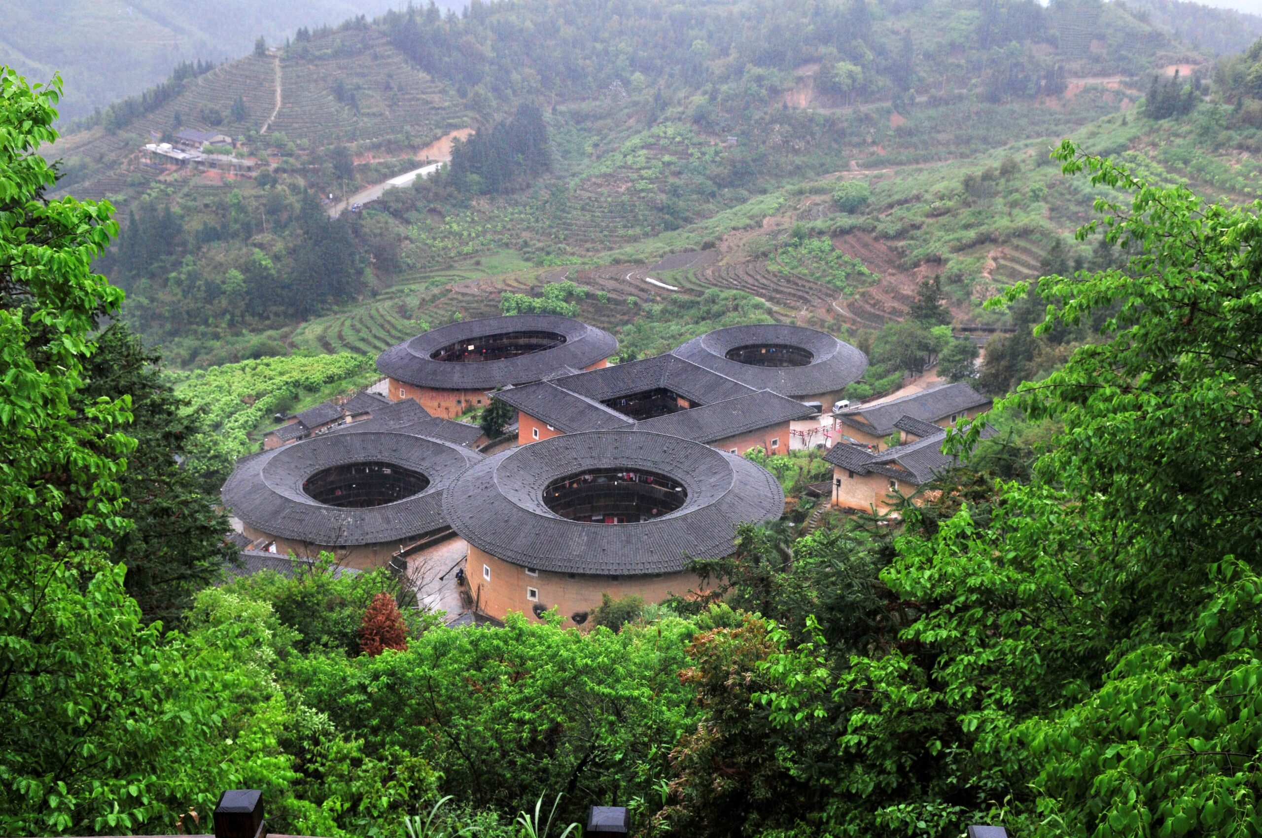 A scenic view of tianluokeng tulou cluster