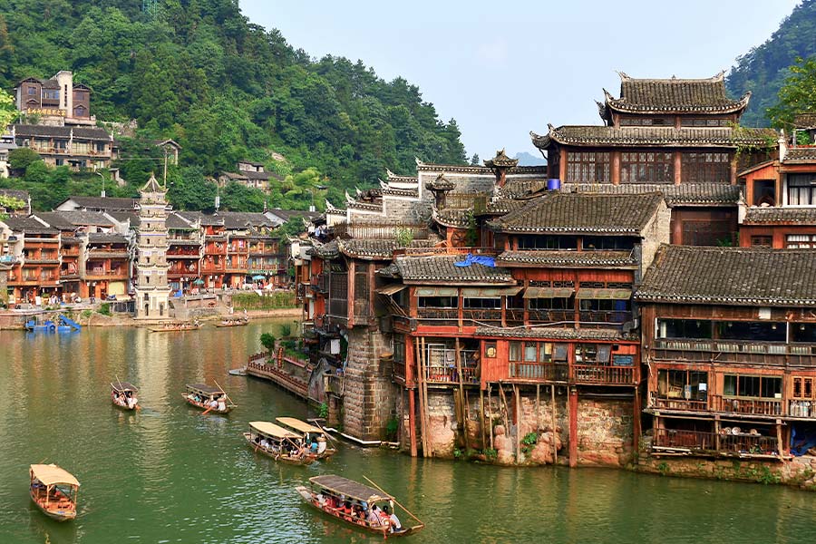 A scenic view of Xiangxi Phoenix Ancient City Buildings