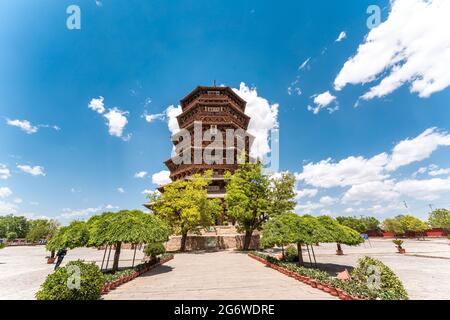 A scenic view of Yingxian Wooden Pagoda