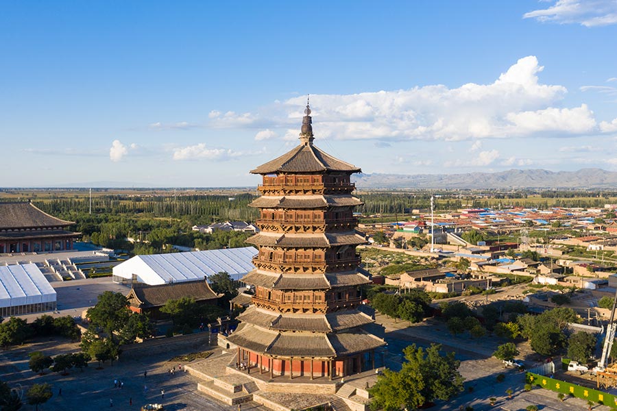 A scenic view of Yingxian Wooden Pagoda